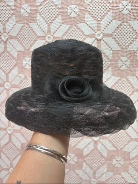 Black Sinamay Wide Brim Hat | Rosette Detail | Occasion
